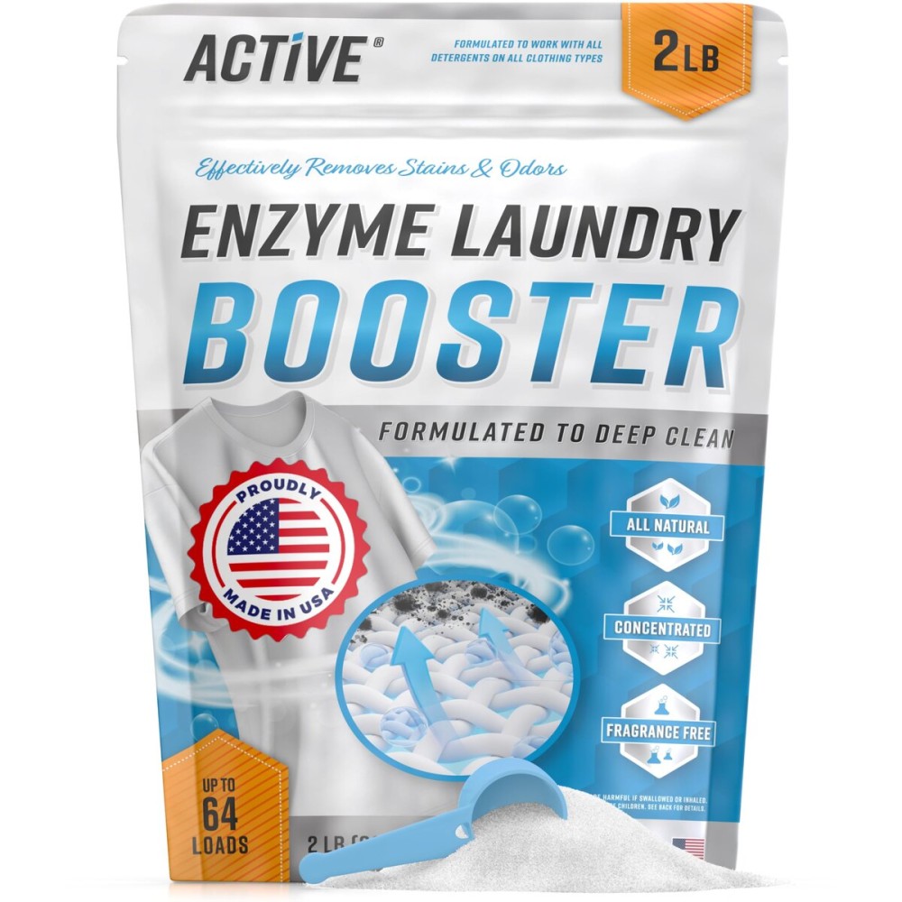 Enzyme Laundry Booster Odor Remover - 2 lbs Unscented Enzymatic Clothes Stain Cleaner Powder, Natural Deodorizer with Bio Active Enzymes, Detergent Additive Eliminator for Sweat, Oil, Blood - 64 Loads