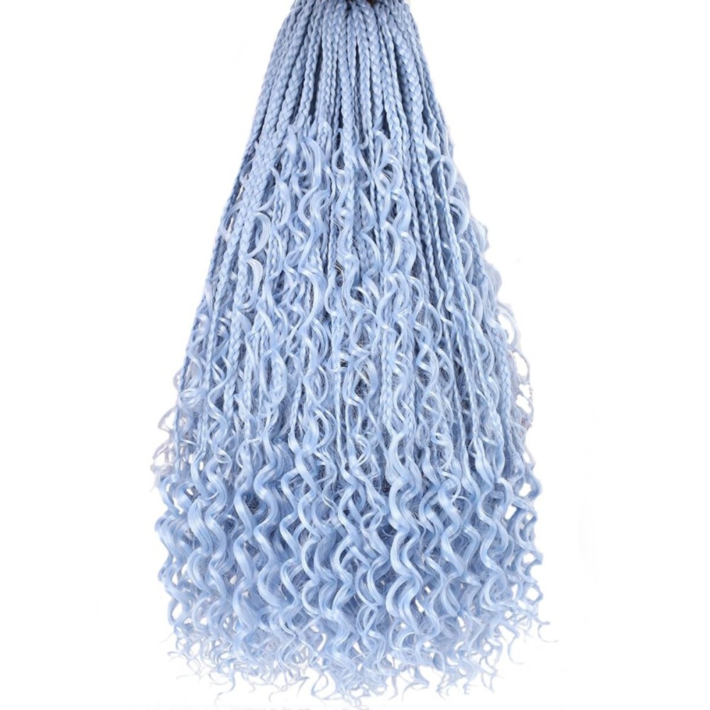 Beverlee 18 Inch Boho Box Braids 8 Packs Goddess Box Braids Crochet Hair Bohemian Hippie Braids Braiding Hair Box Braids with Curly Ends Messy Pre-looped Synthetic Crochet Hair for Women 128 Strands Light Blue