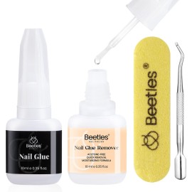 Beetles Nail Glue with Glue Remover Kit, 2 * 10ML Super Strong Easy to Remove Off Fake Nails Adhesive Remover with Cuticle Pusher