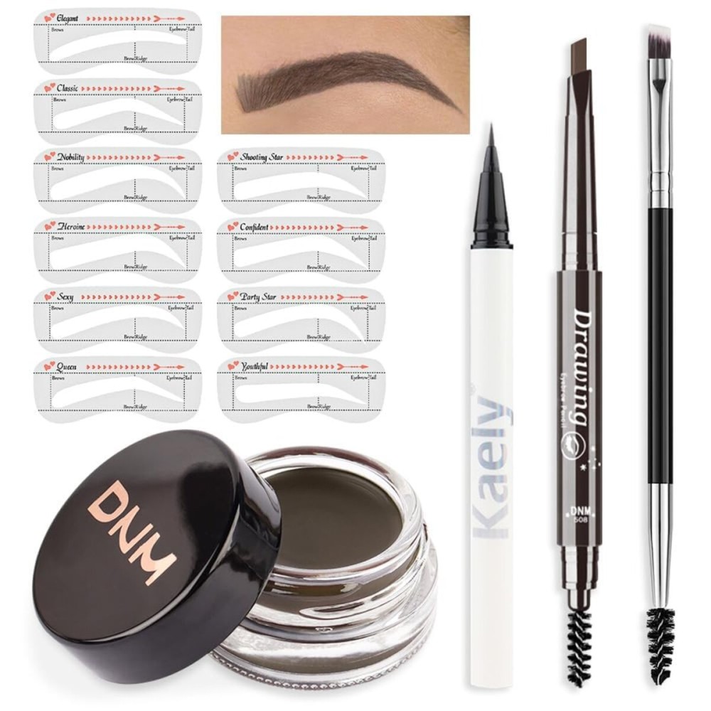 evpct Eyebrow Stencils Kit for Women Shaping, Eyebrow Shaper Makeup Kit, Eye Brow Stencil Shaper Tinting kits for Women, with Eyeliner, Eyebrows Pencil, Pomade, Brush and 10 Stencils, 06 MEDIUM BROWN