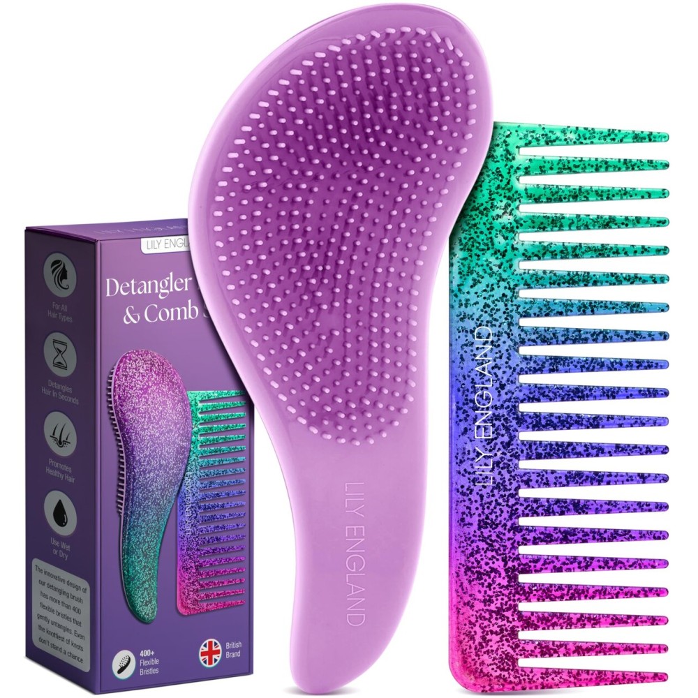 Lily England Detangling Comb & Hair Brush Set - Wide Tooth Comb for Curly, Straight, Thick, Fine & Wet Hair - Gentle & Pain-Free Detangler for Women & Kids - Lightweight Haircare Tools, Purple-Glitter