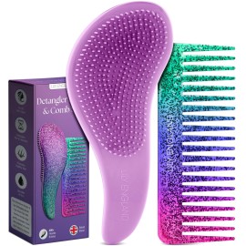 Lily England Detangling Comb & Hair Brush Set - Wide Tooth Comb for Curly, Straight, Thick, Fine & Wet Hair - Gentle & Pain-Free Detangler for Women & Kids - Lightweight Haircare Tools, Purple-Glitter