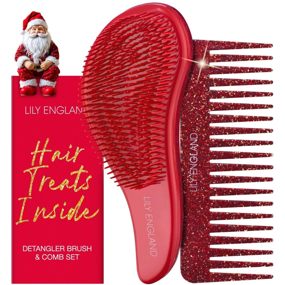 Lily England Detangler Brush & Comb Set - Lightweight Wide Tooth Detangling Tool for Women & Kids - Smooths Curly, Straight, Dry, Fine, & Thick Hair, Red Glitter