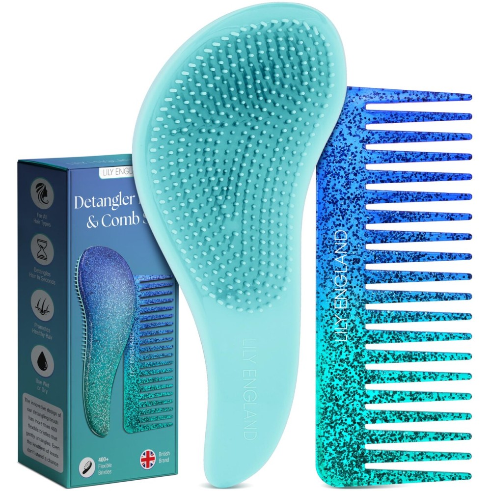 Lily England Detangler Brush & Comb Set - Lightweight Wide Tooth Detangling Tool for Women & Kids - Smooths Curly, Straight, Dry, Fine, & Thick Hair, Blue Glitter