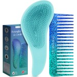 Lily England Detangler Brush & Comb Set - Lightweight Wide Tooth Detangling Tool for Women & Kids - Smooths Curly, Straight, Dry, Fine, & Thick Hair, Blue Glitter