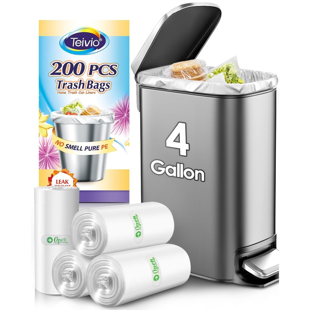 Teivio 4 Gallon 200 Counts Strong Trash Bags Garbage Bags, Bathroom Trash Can Bin Liners, Small Plastic Bags for Home Office Kitchen Kitchen (Clear)