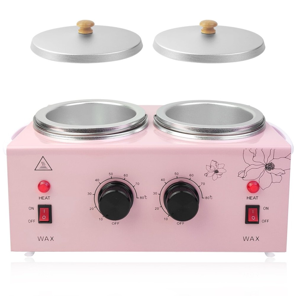 Portable Wax Warmer Machine for Painless Hair Removal, Women Men Professional Wax Heater with Adjustable Temperature Set, 40pcs Sticks (Pink - Double Pots)