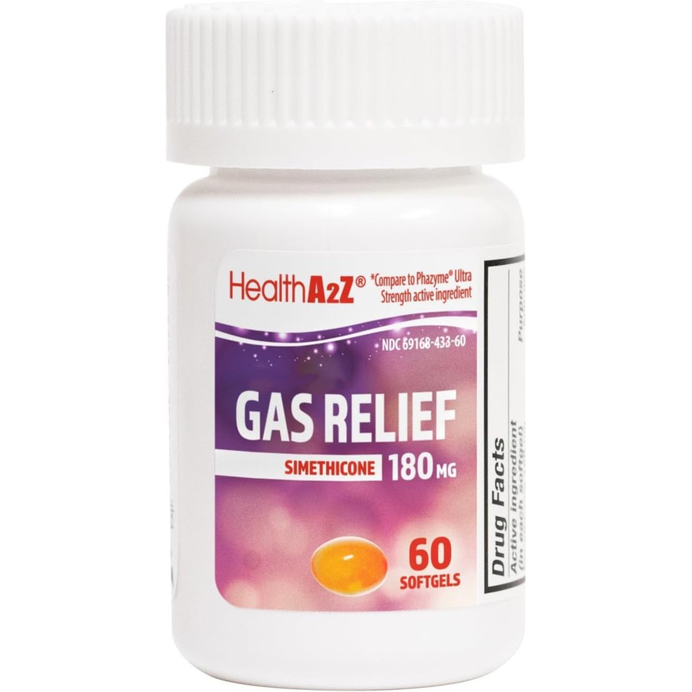 HealthA2Z Gas Relief Simethicone 180mg | Relieves from Stomach Discomfort and Gas | Anti Flatulence | Relieves Gas Fast (60 Count (Pack of 1))