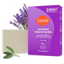 Lume Acidified Body Cleansing Bar - 24 Hour Odor Control - Removes Odor Better than Soap - Moisturizing Formula - Formulated Without SLS and Parabens - OB/GYN Developed - 5 ounce (Lavender Sage)