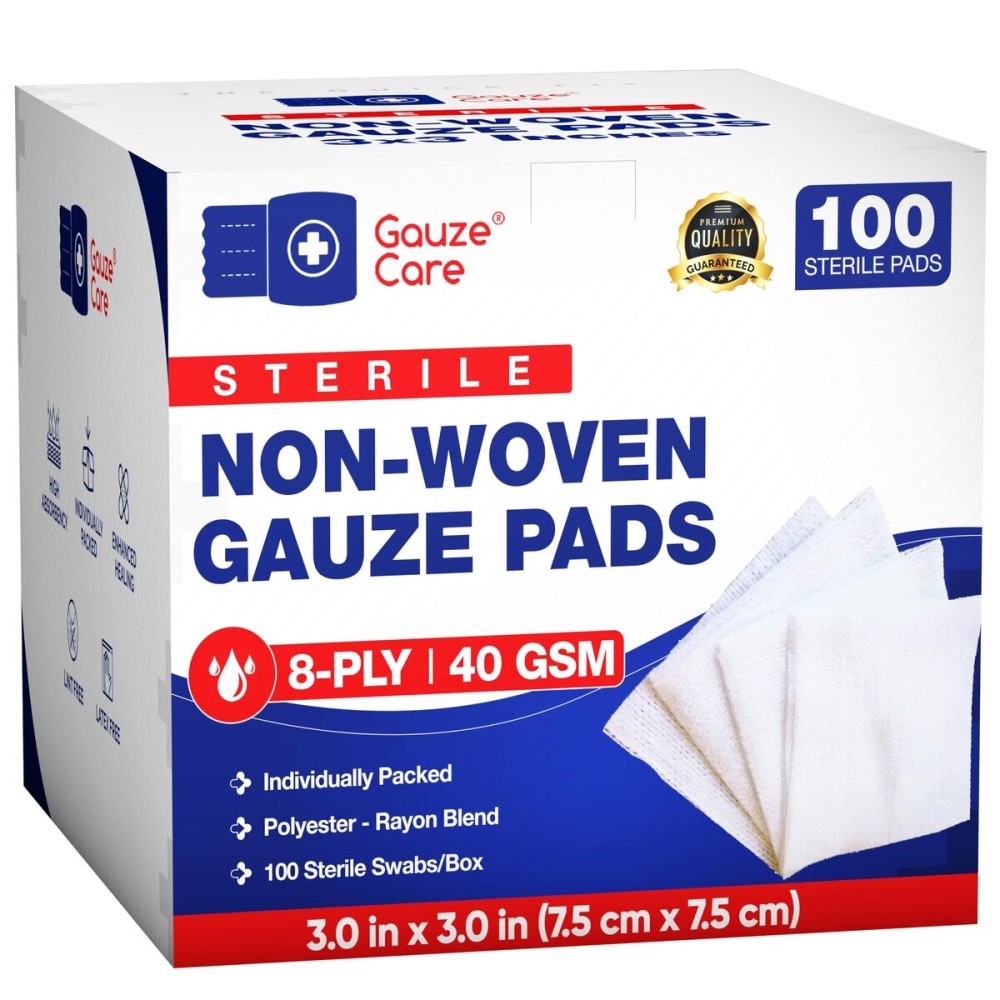 Thick Non-Woven Sterile 3x3 Gauze Pads Pack of 100| 8-ply Sponges| Individually Packed, Soft and Lint-Free Medical Pads for Enhanced Absorption and Wound Care