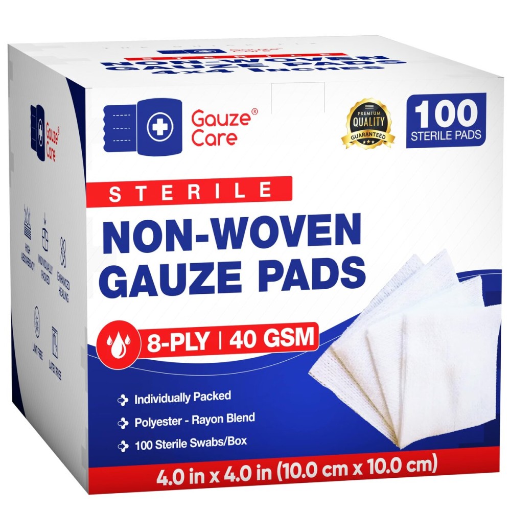 Gauze Care Non-Woven Sterile Gauze Pads 4x4, Pack of 100, 8-Ply, Soft, Lint-Free, Individually Wrapped, Sterile, Absorbent, Breathable, Perfect for Wound Care