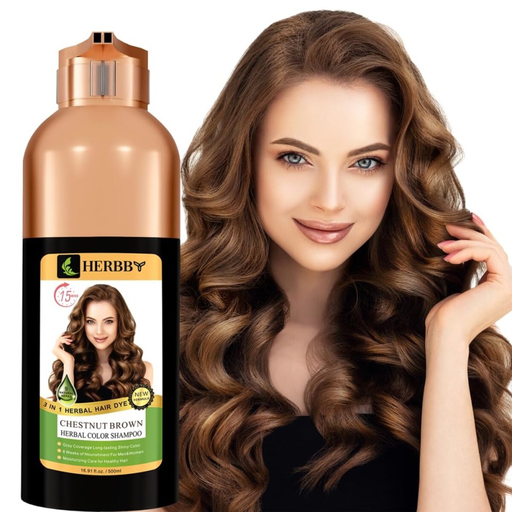 HERBBY Gray Hair Coverage Shampoo & Conditioner - Color Transform with 9 Herbal Extracts, Long-Lasting (6-8 Weeks), Shiny, Even Coloring, Instant Hair Dye, 500 ml (CHESTNUT BROWN)