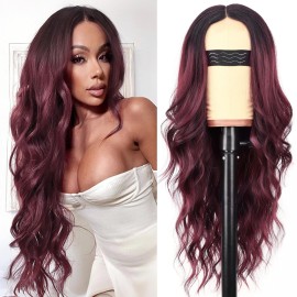AISI HAIR Wig for Women, Long Red Wavy Lace Hairline Middle Part Synthetic Heat Resistant Wig for Daily Party-26 Inch
