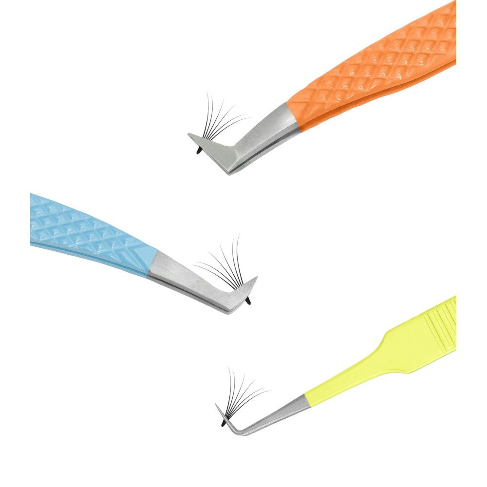 SIVOTE Lash Tweezers for Eyelash Extensions Fiber Tips, Set of 3, Volume, Volume Boot, 90 Degree Tweezers, Blue Yellow Orange