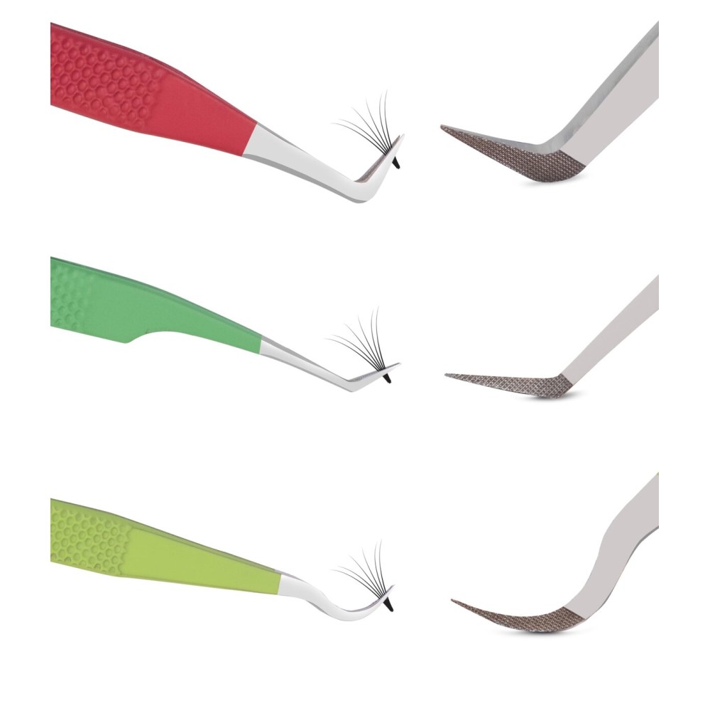 SIVOTE Lash Tweezers for Eyelash Extensions Fiber Tips, Set of 3, 45 Degree, Curved, Volume Boot, Dark Green Red Green