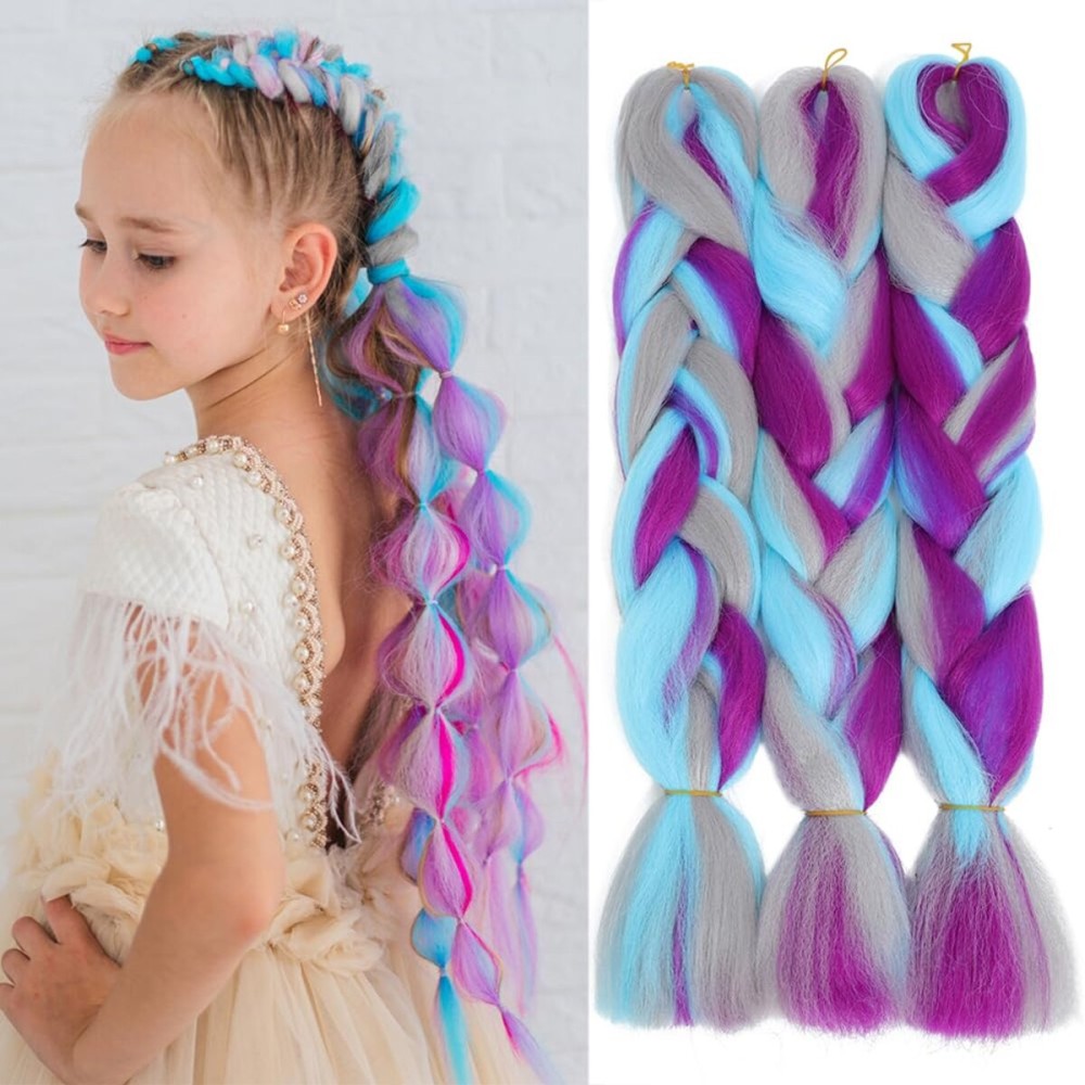 AFNOTE Rainbow Braiding Hair Extension 24 Inch 3 Packs Synthetic High Temperature Jumbo Braid in Hair Extensions Profession Crochet Colored Hair Extensions for Braiding(Purple/Blue/Grey)