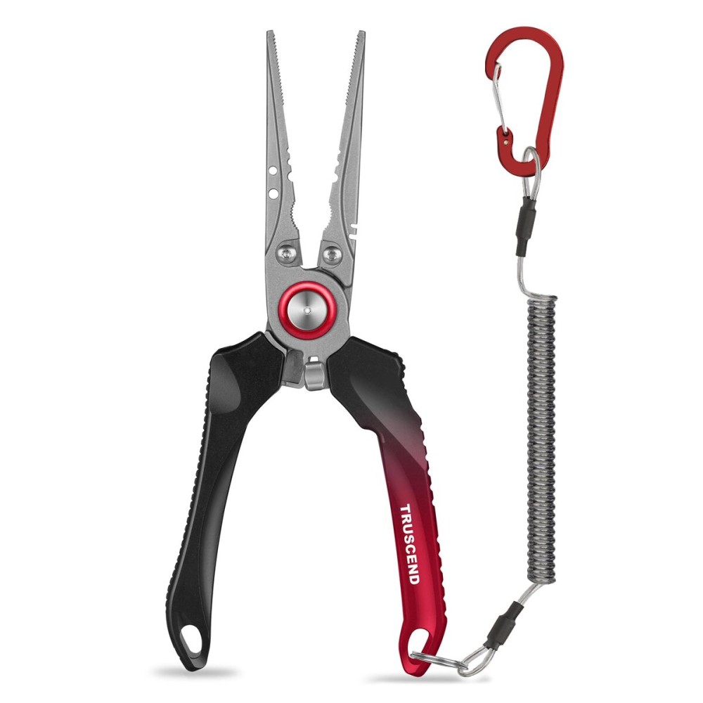 TRUSCEND Lockable Handy Fishing Pliers with Innovative Ergonomic Handle, Saltwater Corrosion Resistant Teflon Coated Fishing Tool, Multi-Function Fishing Gear with Mo-V Cutter, Amazing Fishing Gift