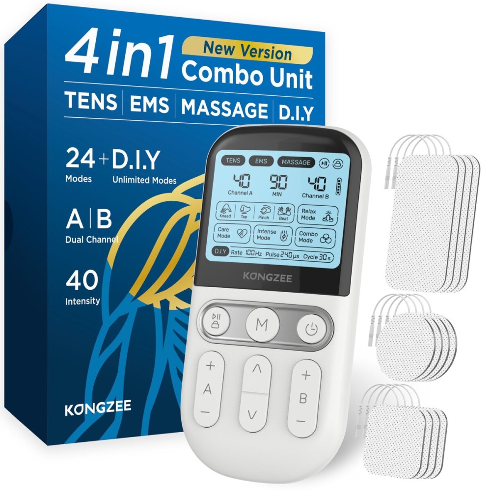4 in 1 - D.I.Y & Tens Unit & EMS & Massage Muscle Stimulator, Dual Channel TENS Units Therapy Machine for Pain Relief, FDA Cleared Rechargeable Electronic Pulse Massager, with 12pcs Electrode Pads.