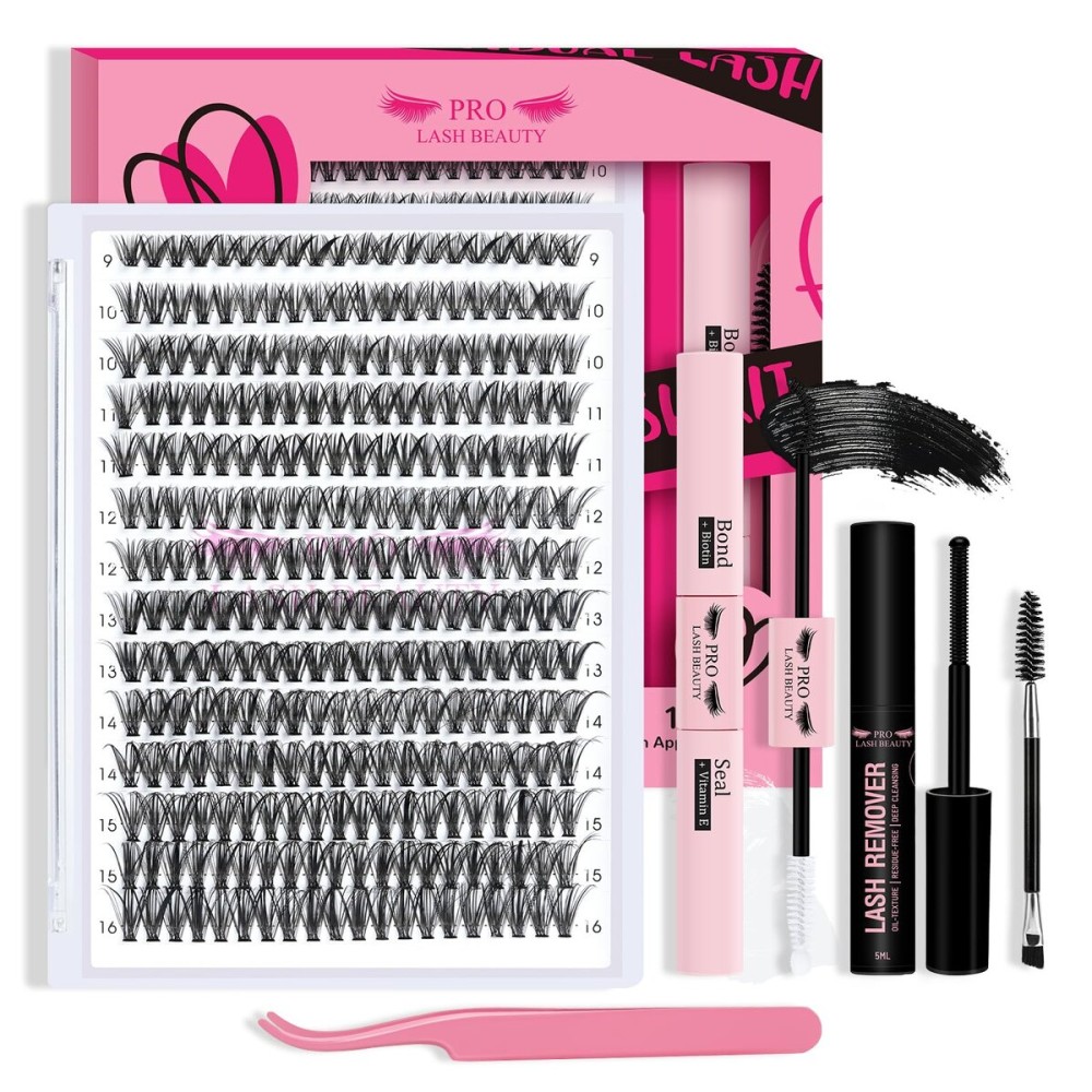 Lash Clusters Kit 280pcs Lash Clusters D Curl Eyelash Extension Kit Individual Lashes with Lash Bond and Seal Lash Remover Lash Applicator Easy to Apply at Home(40D-9-16mix Kit)