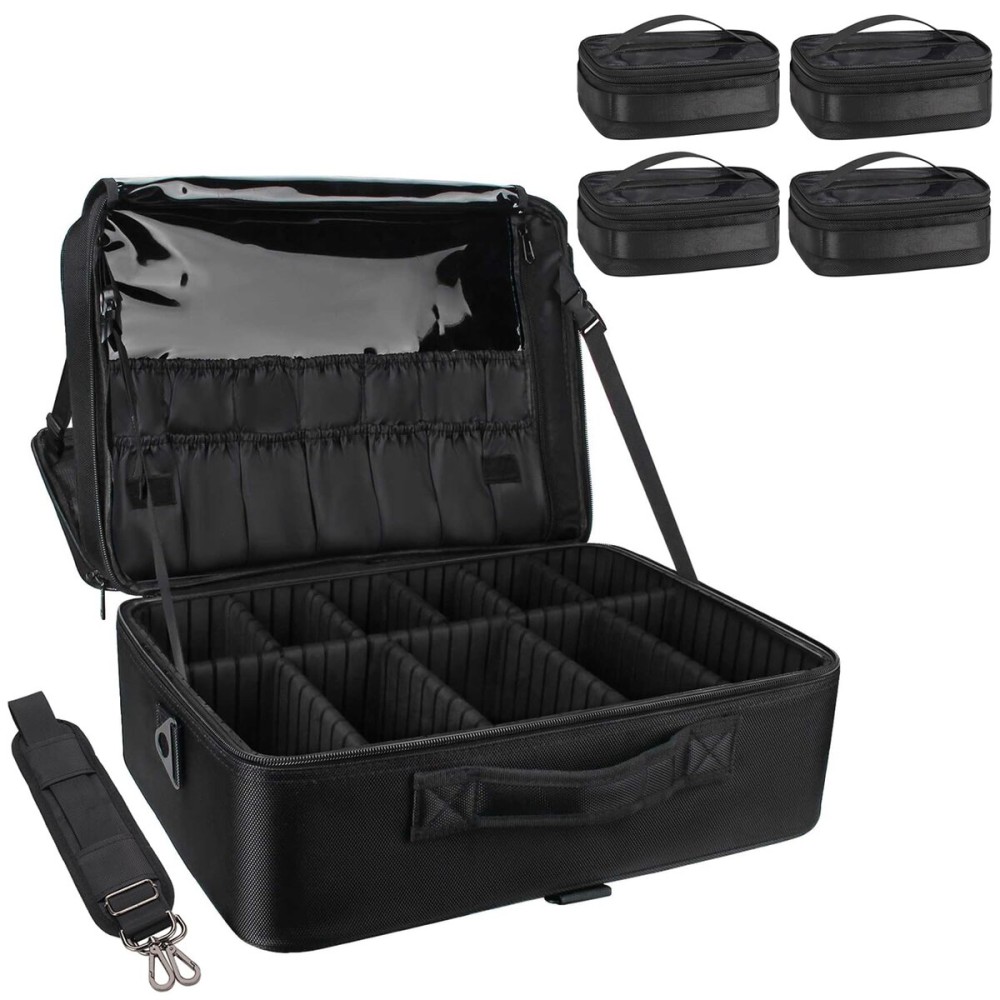 Relavel Extra Large Makeup Case with 4 Pcs Makeup Bags, Professional Makeup Artist Set Portable Nail Organizer Box Art Supply Case with Adjustable Dividers (5 Pack, black)
