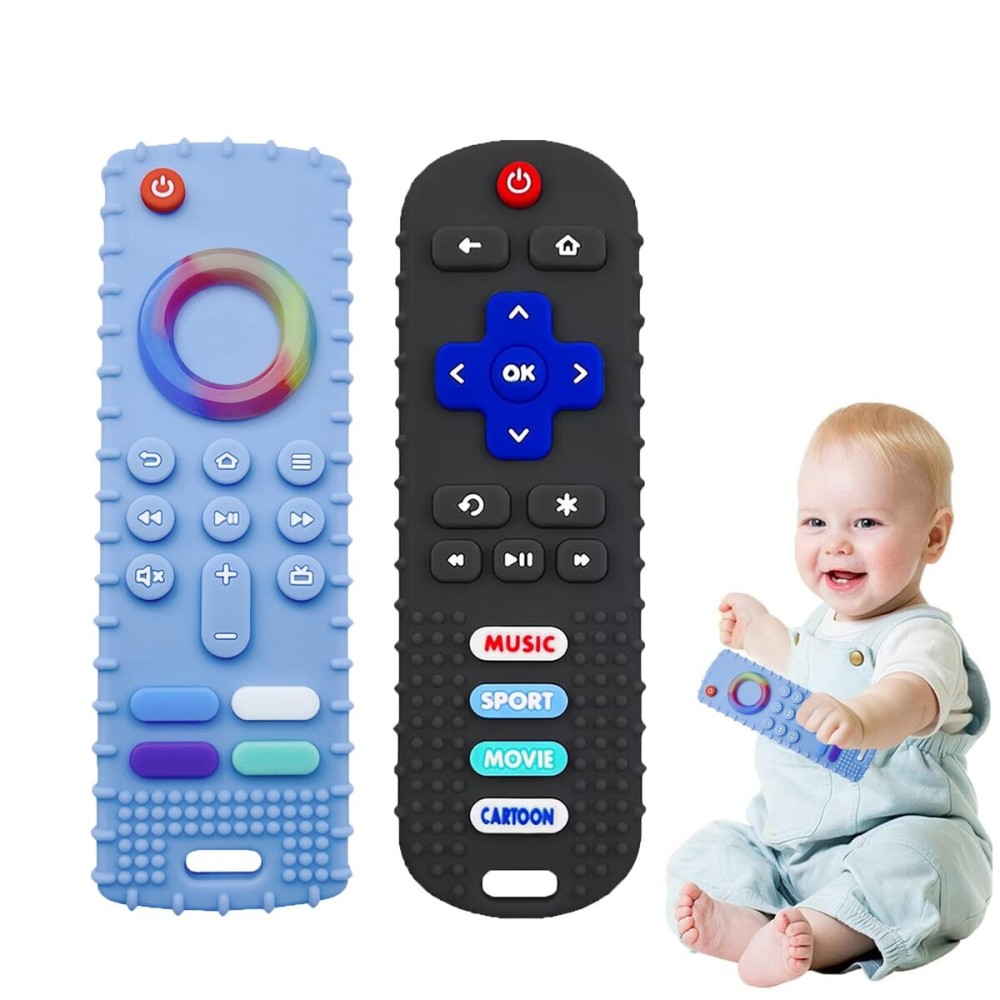 ERSIHUA 2-Pack Baby Teething Toys-TV Remote Control Shape Silicone Infants Teething Toys for Babies 0-18 Months,BPA-Free (Black+Blue)