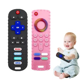 ERSIHUA 2-Pack Baby Teething Toys-TV Remote Control Shape Silicone Infants Teething Toys for Babies 0-18 Months,BPA-Free (Black+Pink)