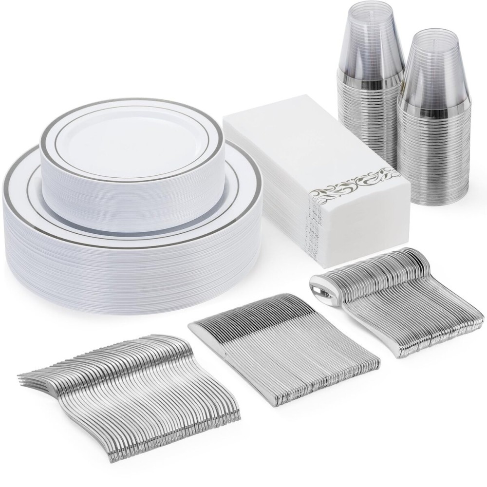 Goodluck 175 Piece Silver Dinnerware Set for 25 Guests, Plastic Disposable Plates for Party, Includes Dinner and Dessert Plates, Paper Napkins, Cups, Silverware Set