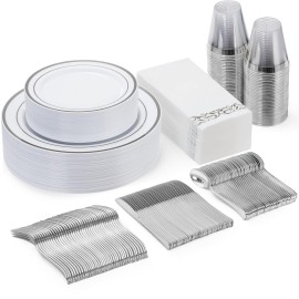 Goodluck 175 Piece Silver Dinnerware Set for 25 Guests, Plastic Disposable Plates for Party, Includes Dinner and Dessert Plates, Paper Napkins, Cups, Silverware Set