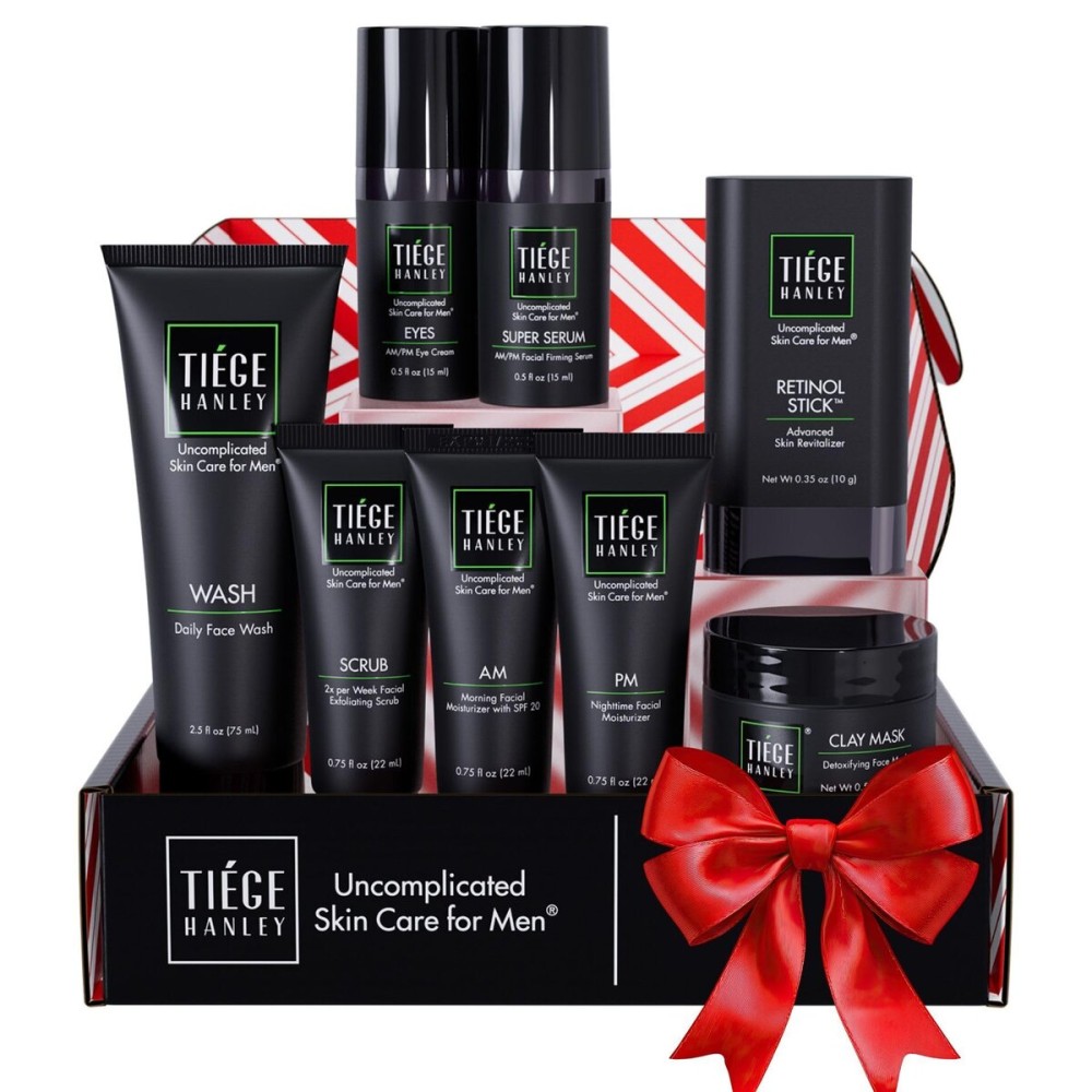 Tiege Hanley Skin Care Set for Men, Rejuvenation Routine, System Level 5, Face Wash, Scrub, Moisturizers, Eye Cream, Serum, Clay Mask, & Retinol Stick for Healthy Skin, Mens Skin Care, 8 Piece Kit