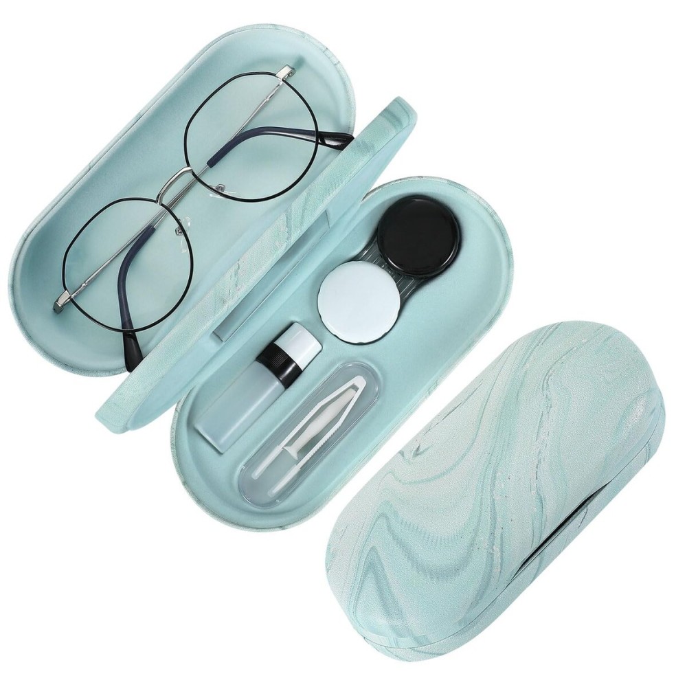 MoKo Double Eyeglass Case, 2 in 1 Double Sided Portable Glasses Case Contact Lens Case with Mirror Eye Glasses Carrying Bag Anti-Scratch Sunglasses Pouch Protective Eyewear, Blue Water Color