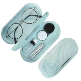 MoKo Double Eyeglass Case, 2 in 1 Double Sided Portable Glasses Case Contact Lens Case with Mirror Eye Glasses Carrying Bag Anti-Scratch Sunglasses Pouch Protective Eyewear, Blue Water Color