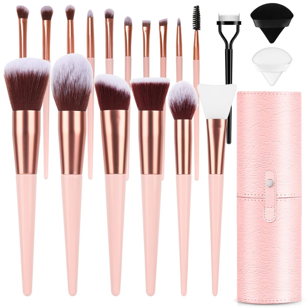 Makeup Brush Set, 17PCs Makeup Brushes with Foundation Eyebrow Blending Concealer Blush Eyeshadow Contour Lash Powder Brush, Make Up Brushes Kit with Organizer Travel Case (Medium, Pink)