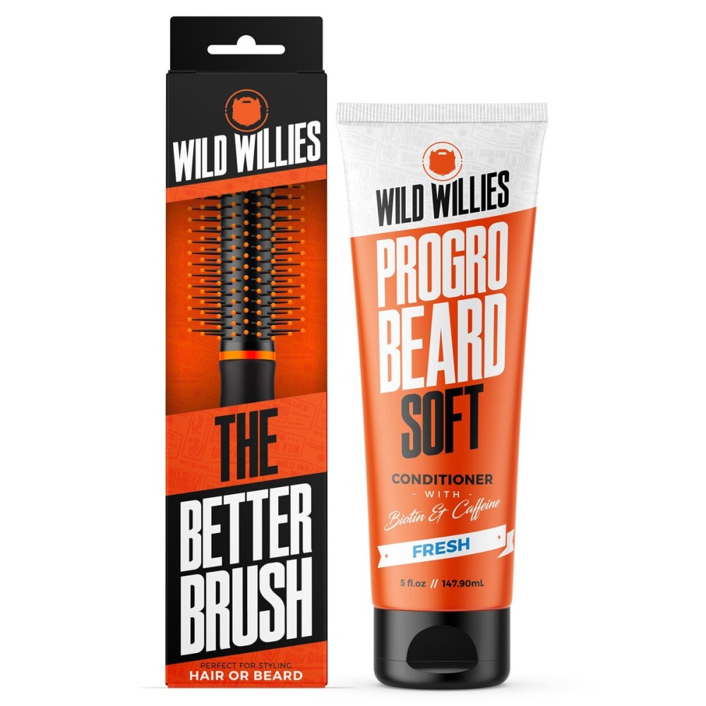 Wild Willies Round Brush and Conditioner Kit - The Better Brush for Styling Hair or Beard, with PROGRO - Softening, Hydrating, Strengthening & Nourishing for a Healthy Look
