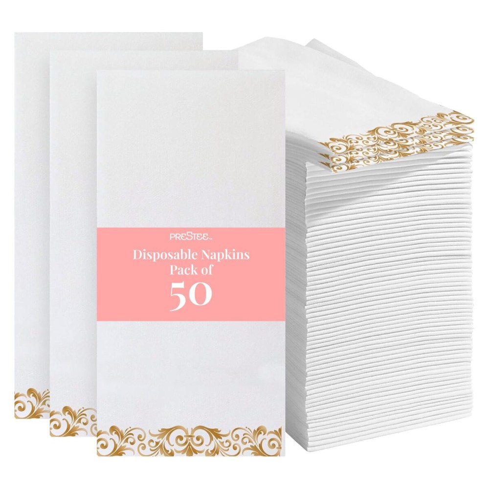 Prestee 50 Pack Disposable Hand Towels for Bathroom - Elegant Linen Feel Paper Napkins, 2-Ply - Absorbent Decorative Guest Towels for Bathroom, Wedding, and Party Use - (White and Gold)