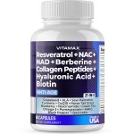Resveratrol NAD+ Berberine Hyaluronic Acid - Biotin Grape & Blueberry + NAC - Collagen Peptides - Hair, Nail, Skin & Joint Supplement - 21-in-1 Women and Men - Made in USA (60 Count (Pack of 1)
