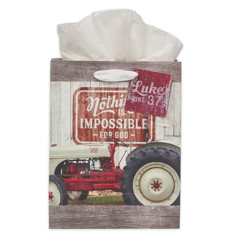 Christian Art Gifts Medium Portrait Inspirational Scripture Gift Bag, Tag & Wrapping Tissue Paper Set for Men & Women: Nothing is Impossible Encouraging Bible Verse, Wooden Brown & Red Tractor Theme