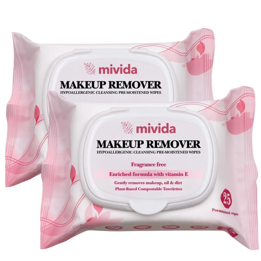 mivida Hypoallergenic Makeup Remover Wipes With Vitamin E, Alcohol Free & Fragrance Free Makeup Wipes For Sensitive Skin, Plant Based Make Up Remover, Travel Friendly 2  25 Count