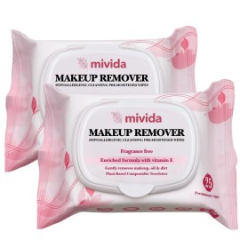 mivida Hypoallergenic Makeup Remover Wipes With Vitamin E, Alcohol Free & Fragrance Free Makeup Wipes For Sensitive Skin, Plant Based Make Up Remover, Travel Friendly 2  25 Count