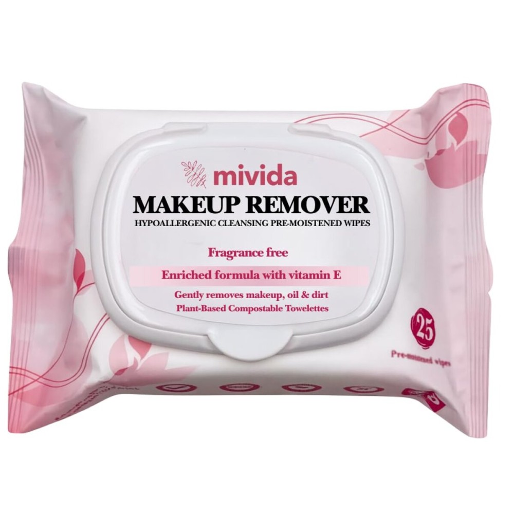 mivida Hypoallergenic Makeup Remover Wipes With Vitamin E, Alcohol Free & Fragrance Free Makeup Wipes For Sensitive Skin, Plant Based Make up Remover, Travel Friendly 25 Count