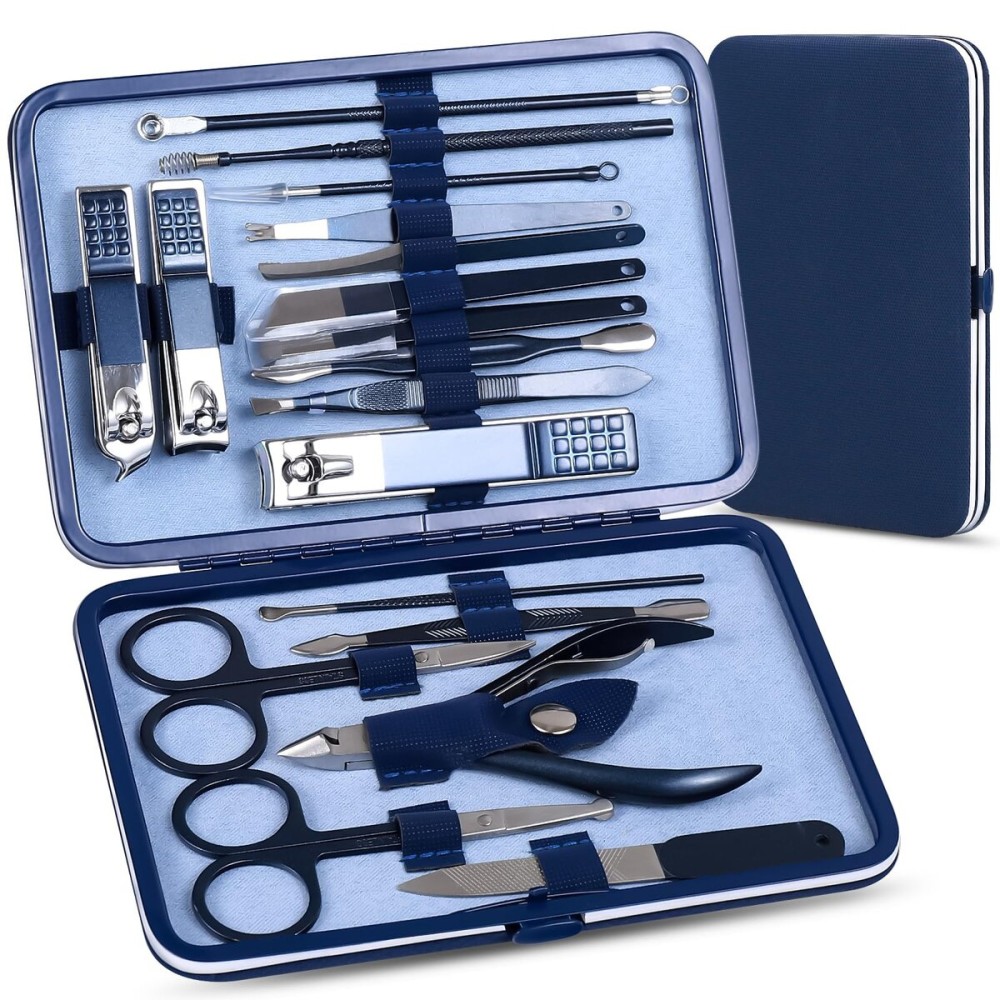 Manicure Set Pedicure Kit Nail Clippers Set Fingernail Clipper Set Ingrown Toenail Nail Kit Scissor Nail Trimmer Kit 18 Pieces Women and Mens Care Grooming Tools with Fine Case (Dark Blue_18 Pieces)