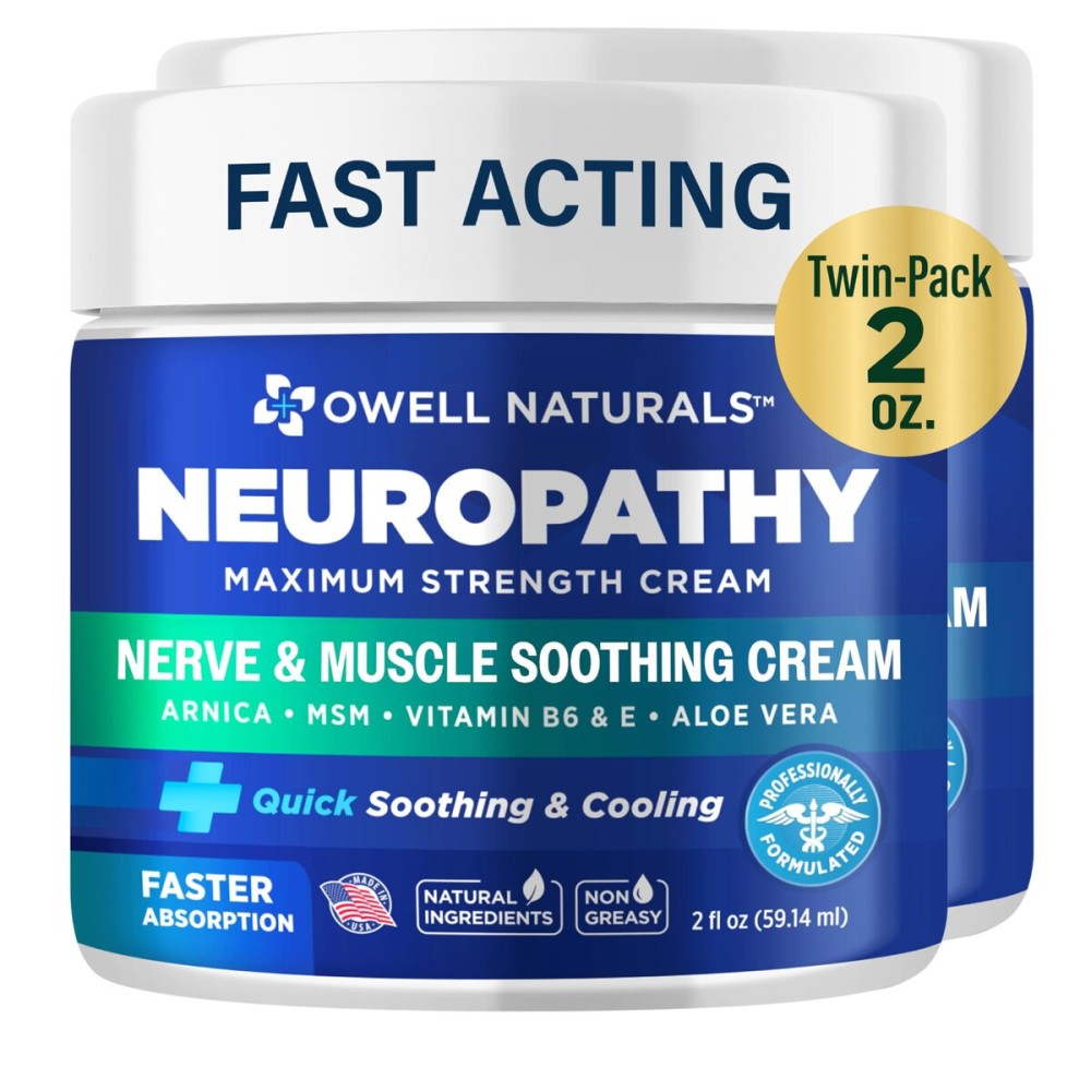 OWELL NATURALS Neuropathy Nerve Cream, Maximum Strength, Non Greasy, Natural Ingredients Arnica, Aloe Vera, MSM, for Feet, Hands, Legs, Toes Discomfort, 2 Fl Oz (Pack of 2)
