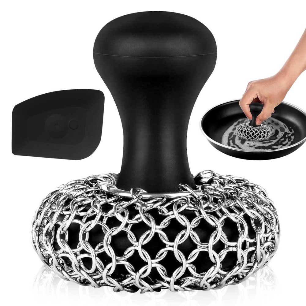 Zylark 316L Chainmail Scrubber Cleaner - Chain Mail Scrubber Cast Iron - Cast Iron Skillet Scrubber - Chain Scrubber with Long Handle
