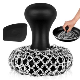 Zylark 316L Chainmail Scrubber Cleaner - Chain Mail Scrubber Cast Iron - Cast Iron Skillet Scrubber - Chain Scrubber with Long Handle