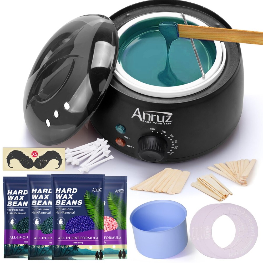Anruz Waxing Kit for Women Men - Wax Kit for Hair Removal with Silicone Bowl,4 Bags Hard Waxing Beads and 30 Sticks - at Home Use Wax Warmer for Full Body, Bikini, Eyebrow, Face, Sensitive Skin