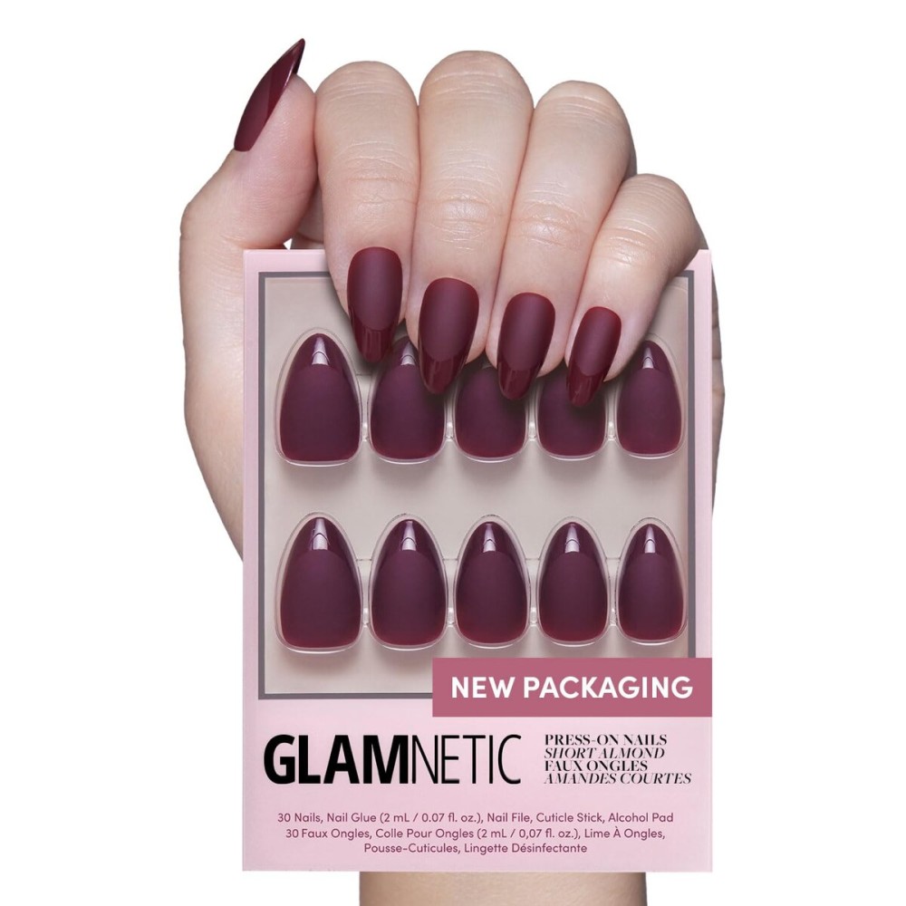 Glamnetic Press On Nails - Merlot | Matte Short Almond Dark Red Nails with Glossy French Tips | 15 Sizes - 30 Nail Kit with Glue