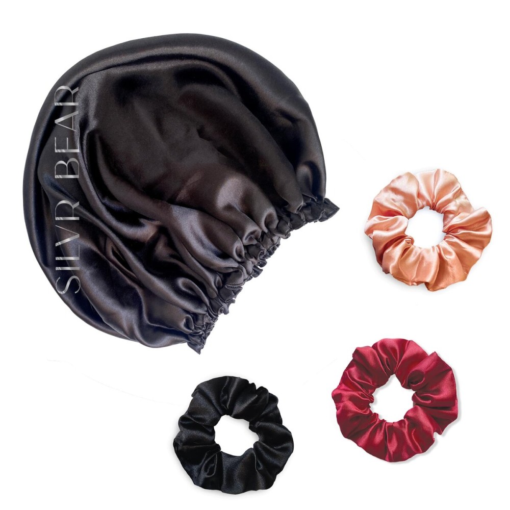 Silvr Bear Satin Sleep Bonnet for Women | Hair Sleep Bonnet| Great for Thick and Curly Hair | Reversible Black Satin Bonnet