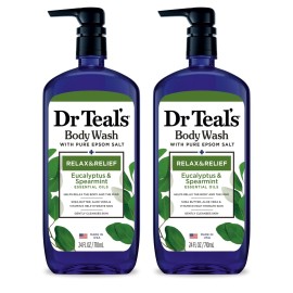 Dr Teal\'s Body Wash with Pure Epsom Salt, Relax & Relief with Eucalyptus & Spearmint, 24 fl oz (Pack of 2)