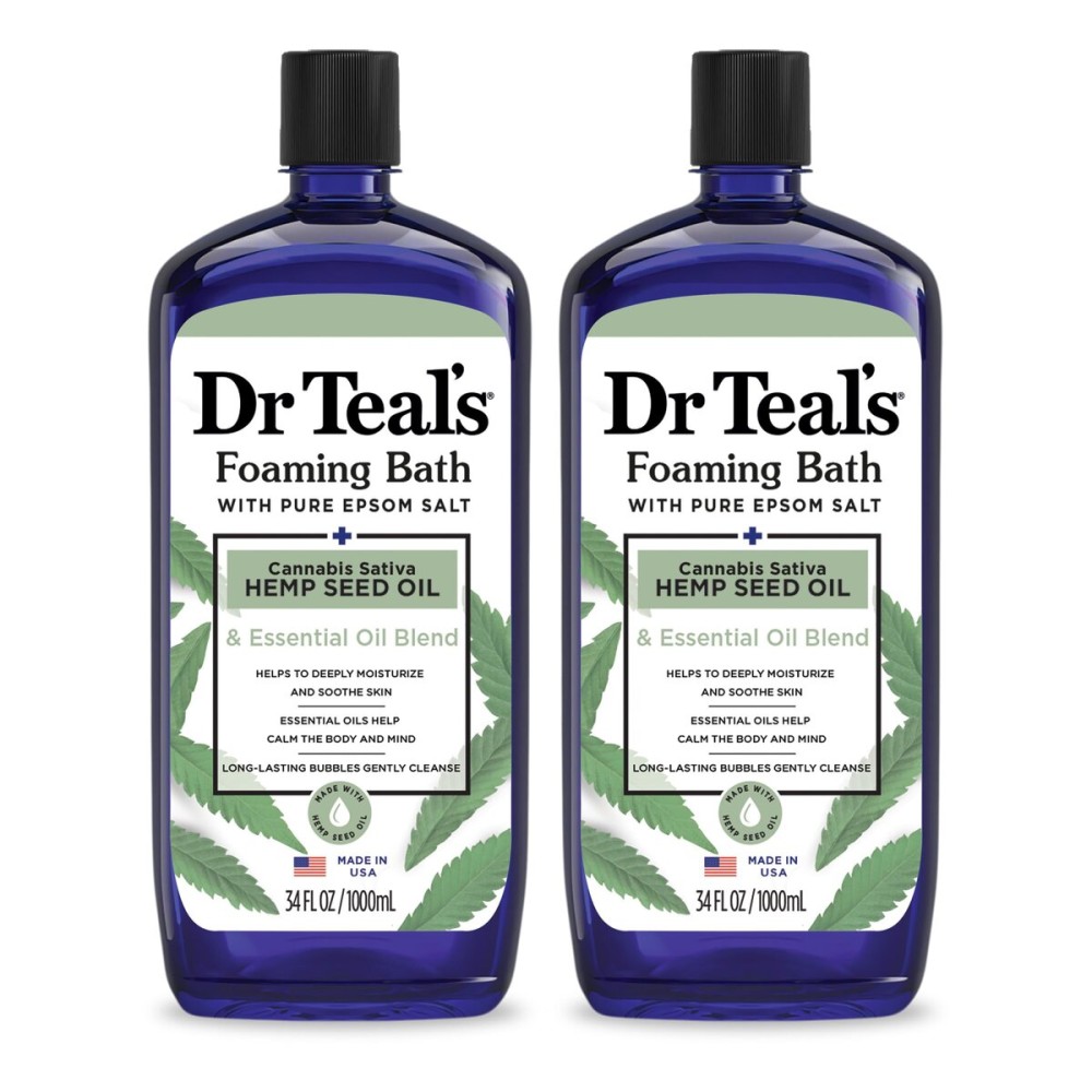 Dr Teal\'s Foaming Bath with Pure Epsom Salt, Cannabis Sativa Hemp Seed Oil, 34 fl oz (Pack of 2)