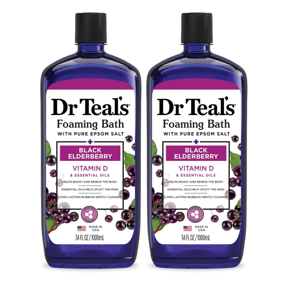 Dr Teal\'s Foaming Bath with Pure Epsom Salt, Black Elderberry with Vitamin D, 34 fl oz (Pack of 2)
