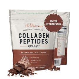 Live Conscious Collagen Peptides Powder - Chocolate Collagen Powder - Hair, Skin, Nail, and Joint Support - Type I & III Grass-Fed Collagen Supplements for Women and Men - 30 Servings - 15oz